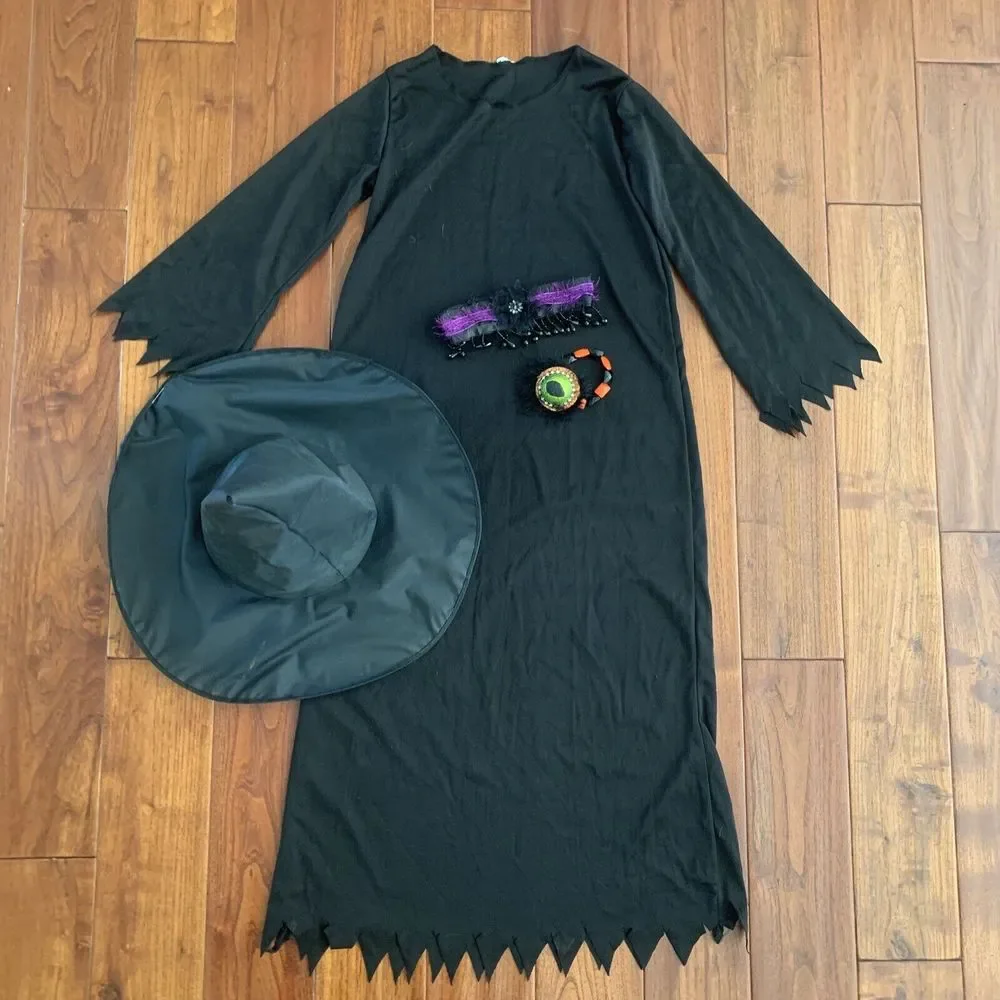 Lil’ Witch Halloween Costume Black Gothic Dress Up Child Girls Hat Dress